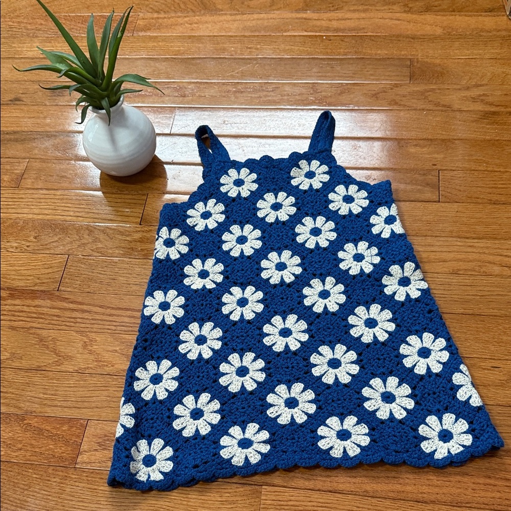 Zara Kids Blue and White Floral Crochet Dress